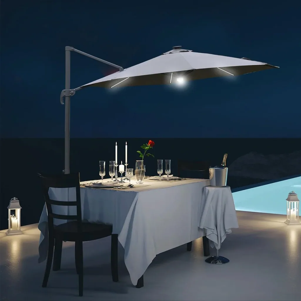 Sonnenschirm 3x3m Ampelschirm Roma Schirm mit Solar-LED-Lichtern 360° drebar neigbar Alu Dunkelgrau