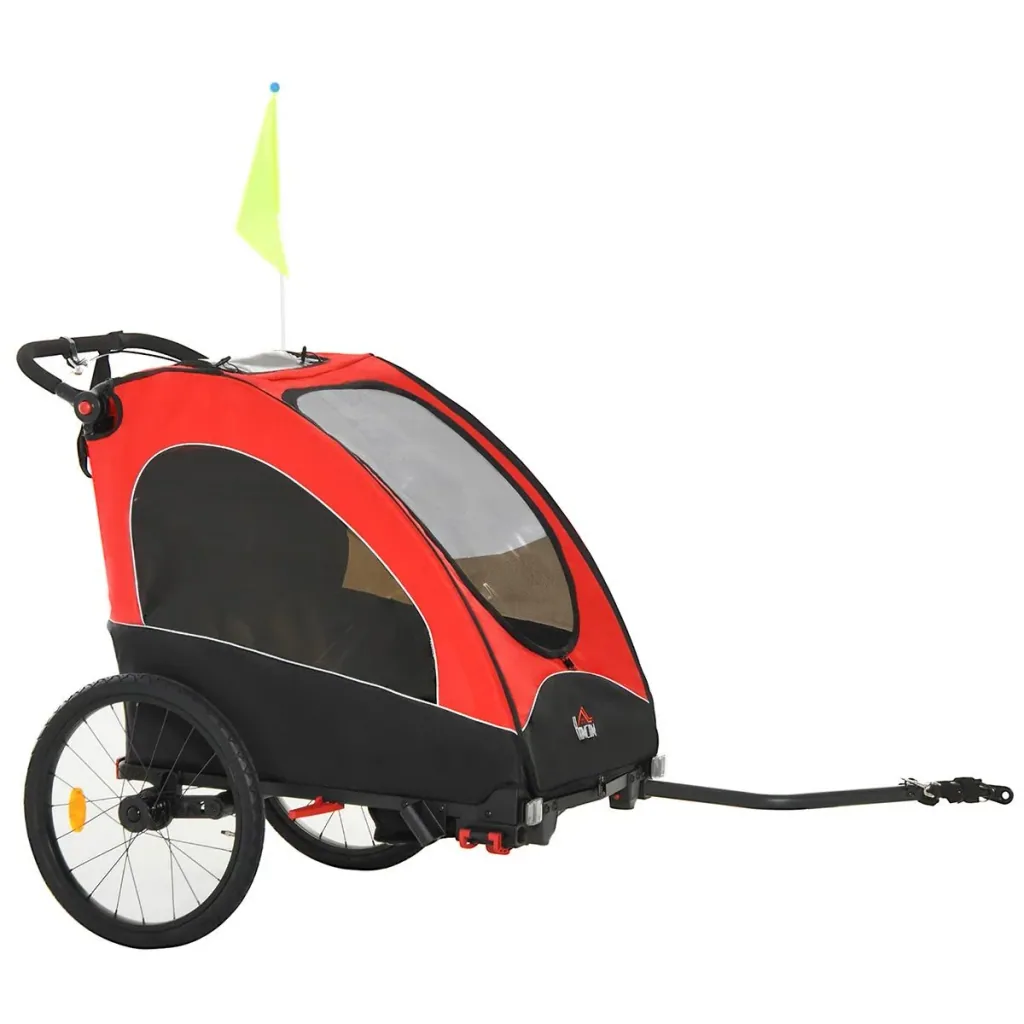 3 in 1 Kinderanhänger Aluminium Kinder Jogger Fahrradanhänger Radanhänger für 2 kinder mit Fahne Rot+Schwarz