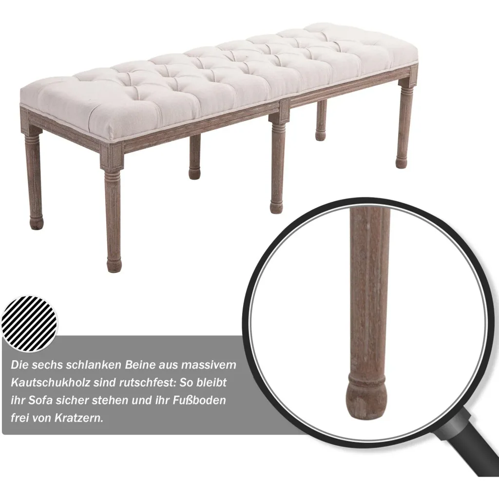 Polsterbank Sitzbank Truhenbank Lounge Sitzhocker Retro mit Knöpfen Leinen+Holz beige 142 x 47 x 51 cm