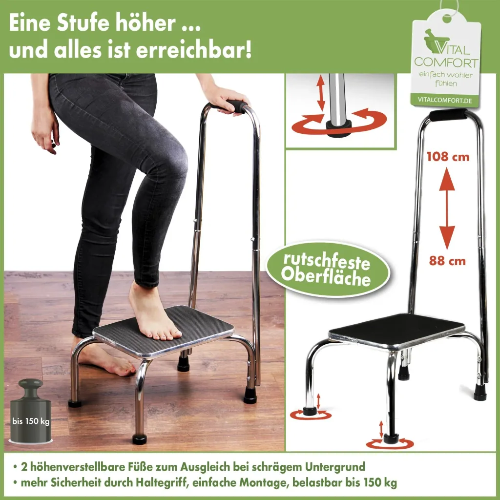Trittstufe mit höhenverstellbarem Haltegriff, Chrom, 88-108 cm