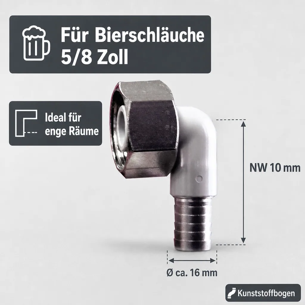 Winkelverschraubung CNS 90° für Bierschlauch 5/8 Zoll, NW 10mm