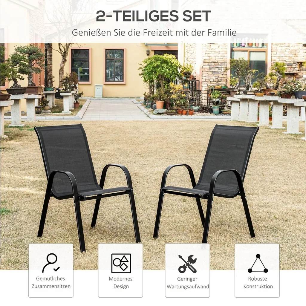 2er Set Gartenstuhl Stapelstuhl mit Armlehne Essstühle Garten Metall Mesh-Gewebe Schwarz 70 x 54 x 90 cm
