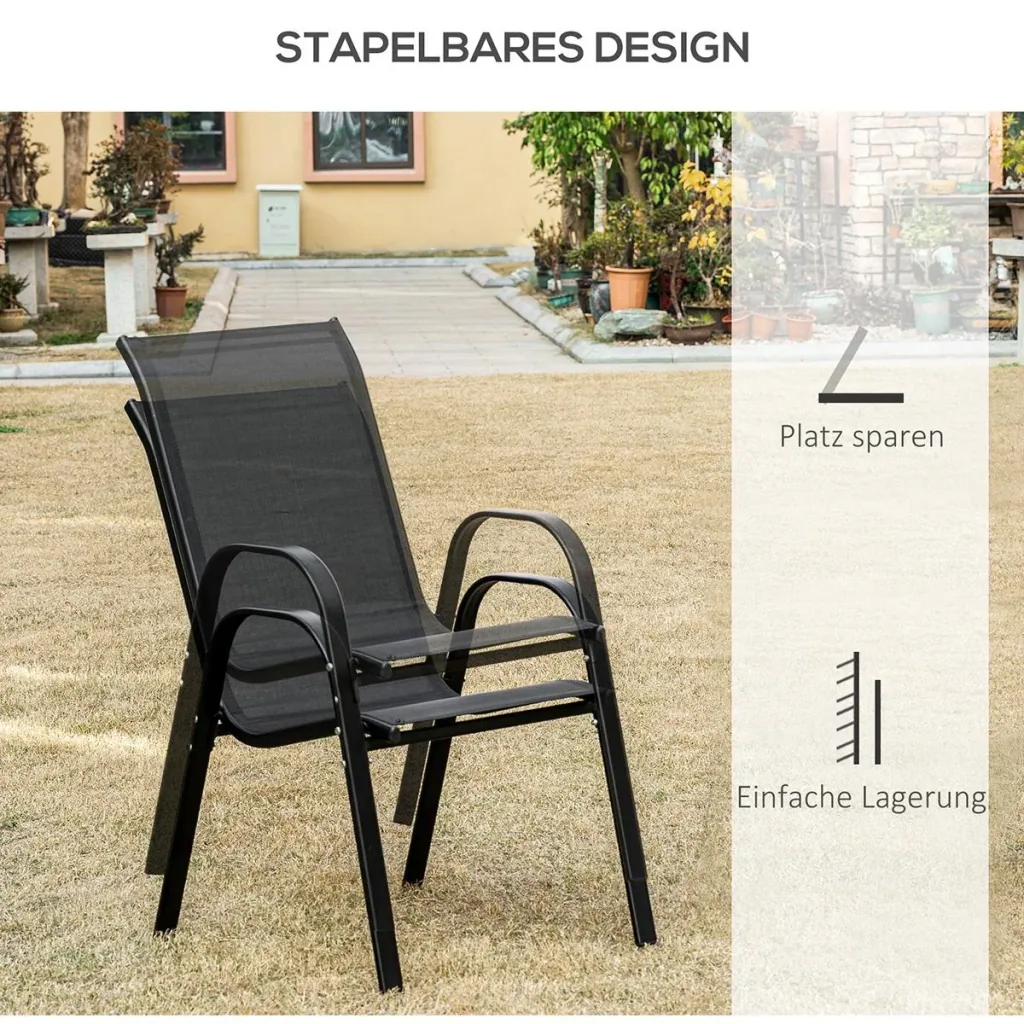 2er Set Gartenstuhl Stapelstuhl mit Armlehne Essstühle Garten Metall Mesh-Gewebe Schwarz 70 x 54 x 90 cm