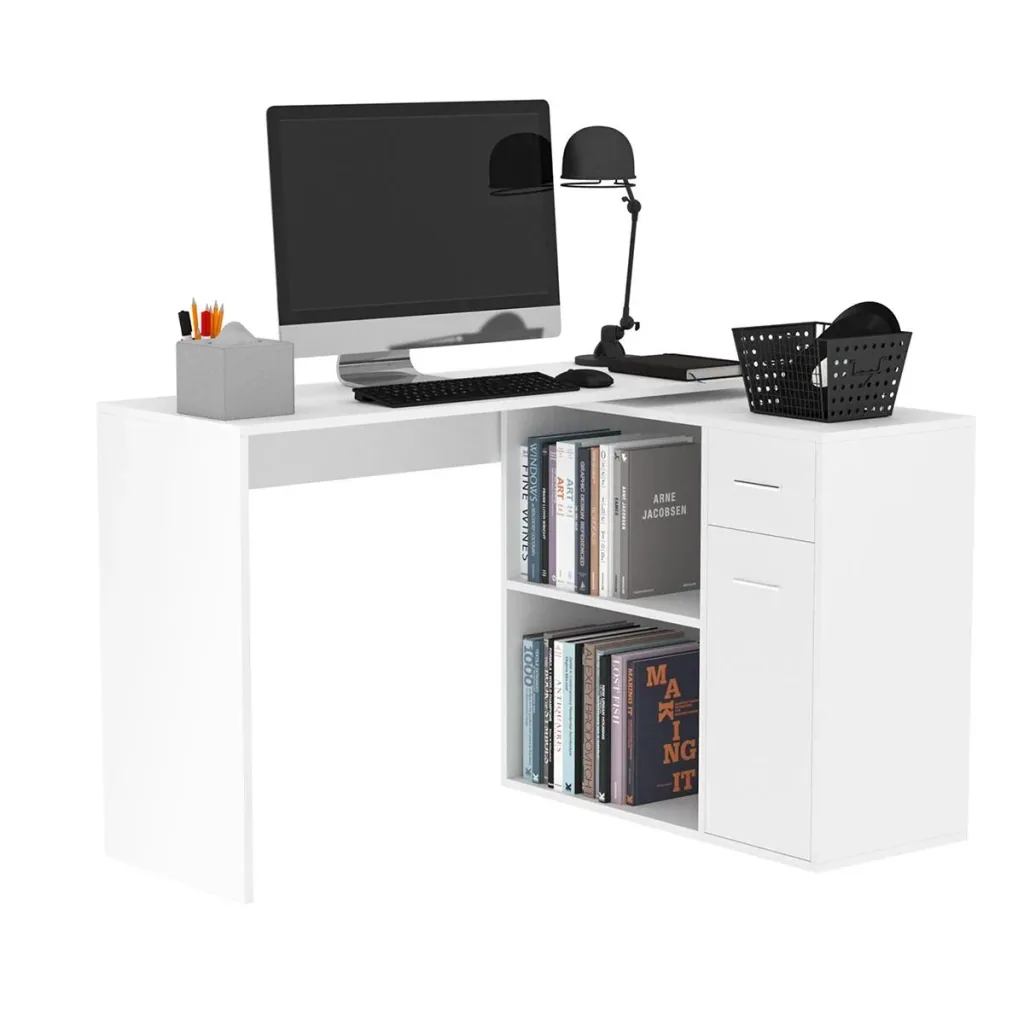 Eckschreibtisch Arbeitstisch Winkelschreibtisch PC-Tisch Computertisch Bürotisch 180-Grad-Design mit Regal und Schublade