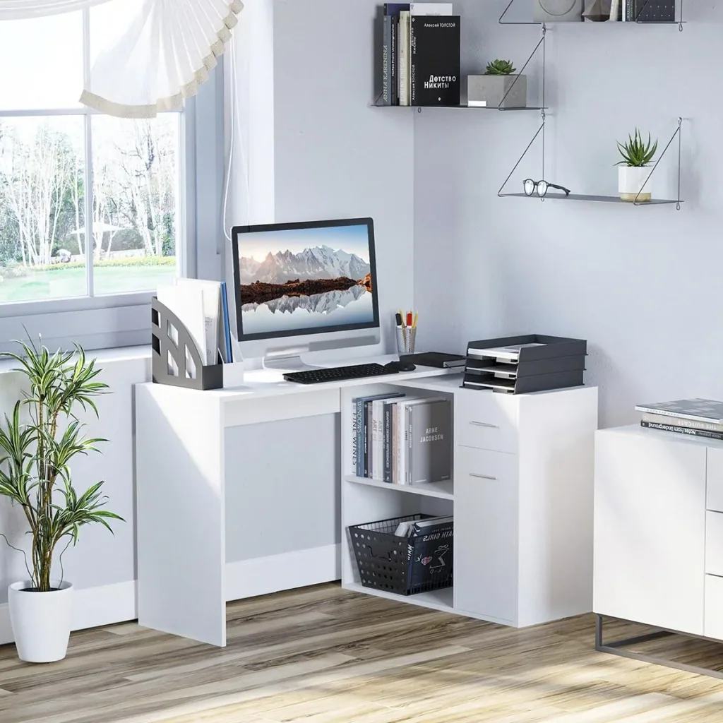 Eckschreibtisch Arbeitstisch Winkelschreibtisch PC-Tisch Computertisch Bürotisch 180-Grad-Design mit Regal und Schublade