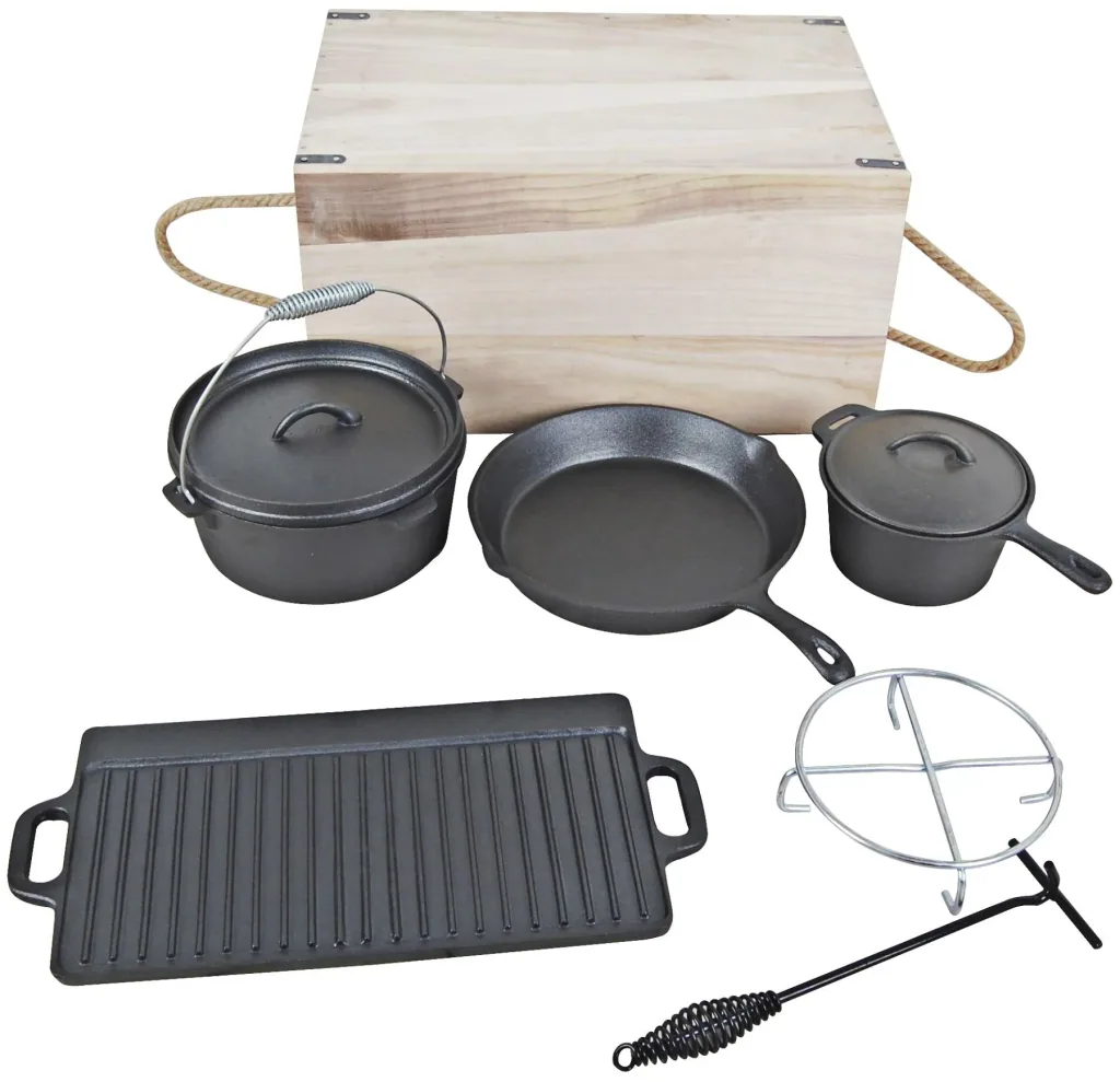 Dutch Oven Set 7-teilig in praktischer Holztransportbox