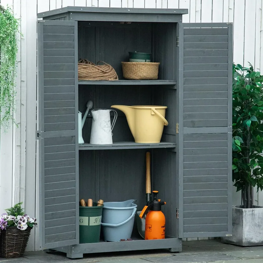 Gartenschrank Holz Gerätehaus Geräteschuppen Geräteschrank Holzhütte Pultdach Bitumenpappe Lamellentüren Grau 87 x 46,5