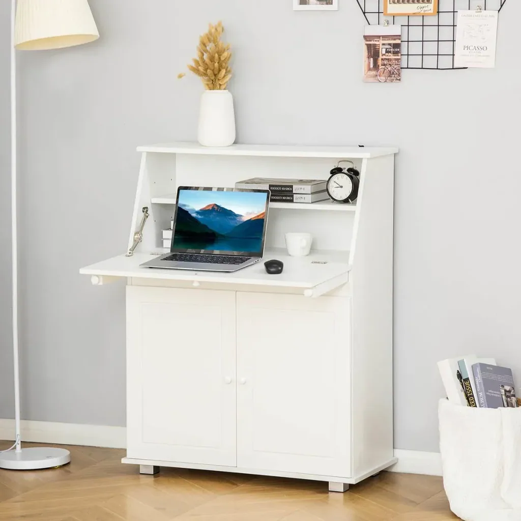 Sekretär Schreibtisch Kommode Schreibkommode Klappensekretär platzsparender Computertisch mit Schrank Weiß 82 x 38,5 x 1