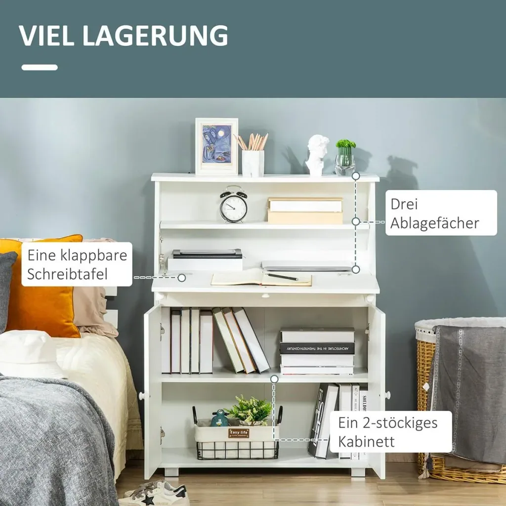 Sekretär Schreibtisch Kommode Schreibkommode Klappensekretär platzsparender Computertisch mit Schrank Weiß 82 x 38,5 x 1