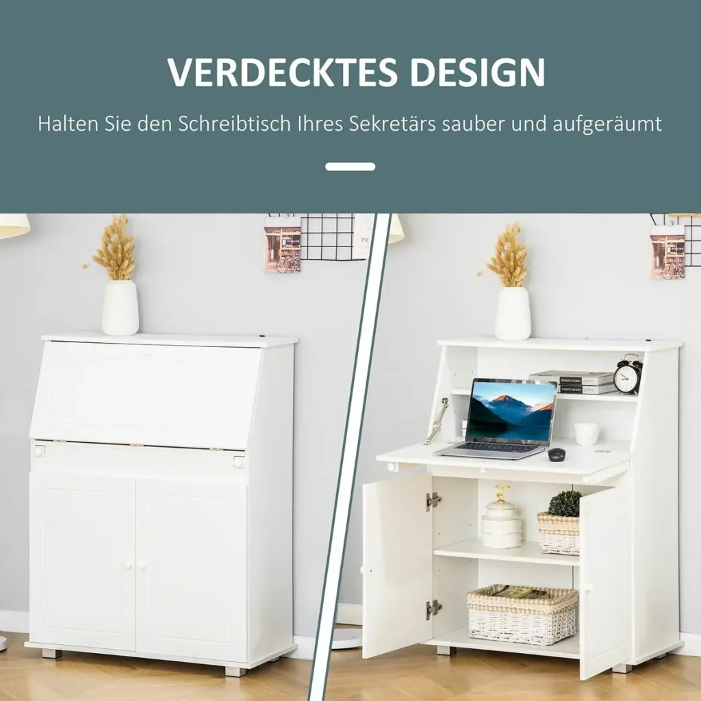 Sekretär Schreibtisch Kommode Schreibkommode Klappensekretär platzsparender Computertisch mit Schrank Weiß 82 x 38,5 x 1