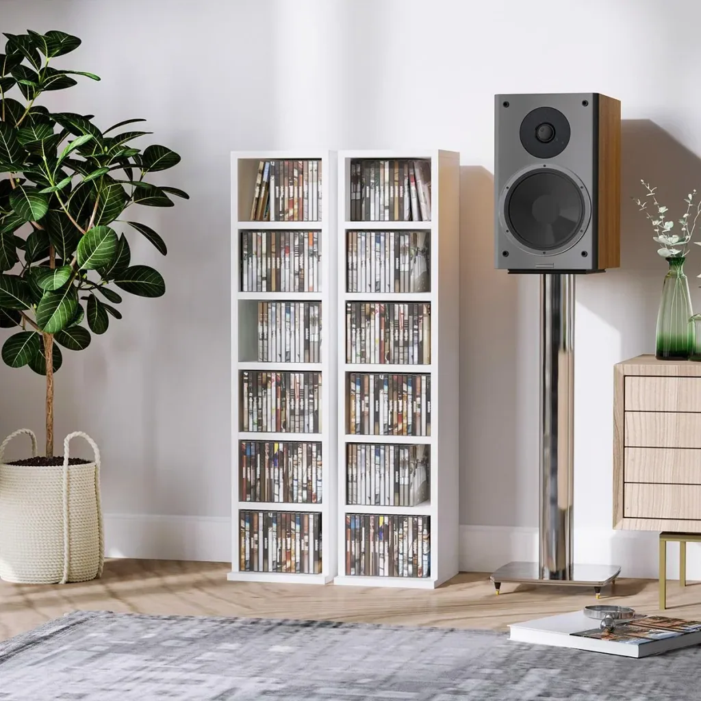 CD-Ständer CD-Regal mit 6 Fächern Standregal Zweiteiliges Set mit zwei offenen Ablagefächern Spanplatten Weiß 21 x 22,5