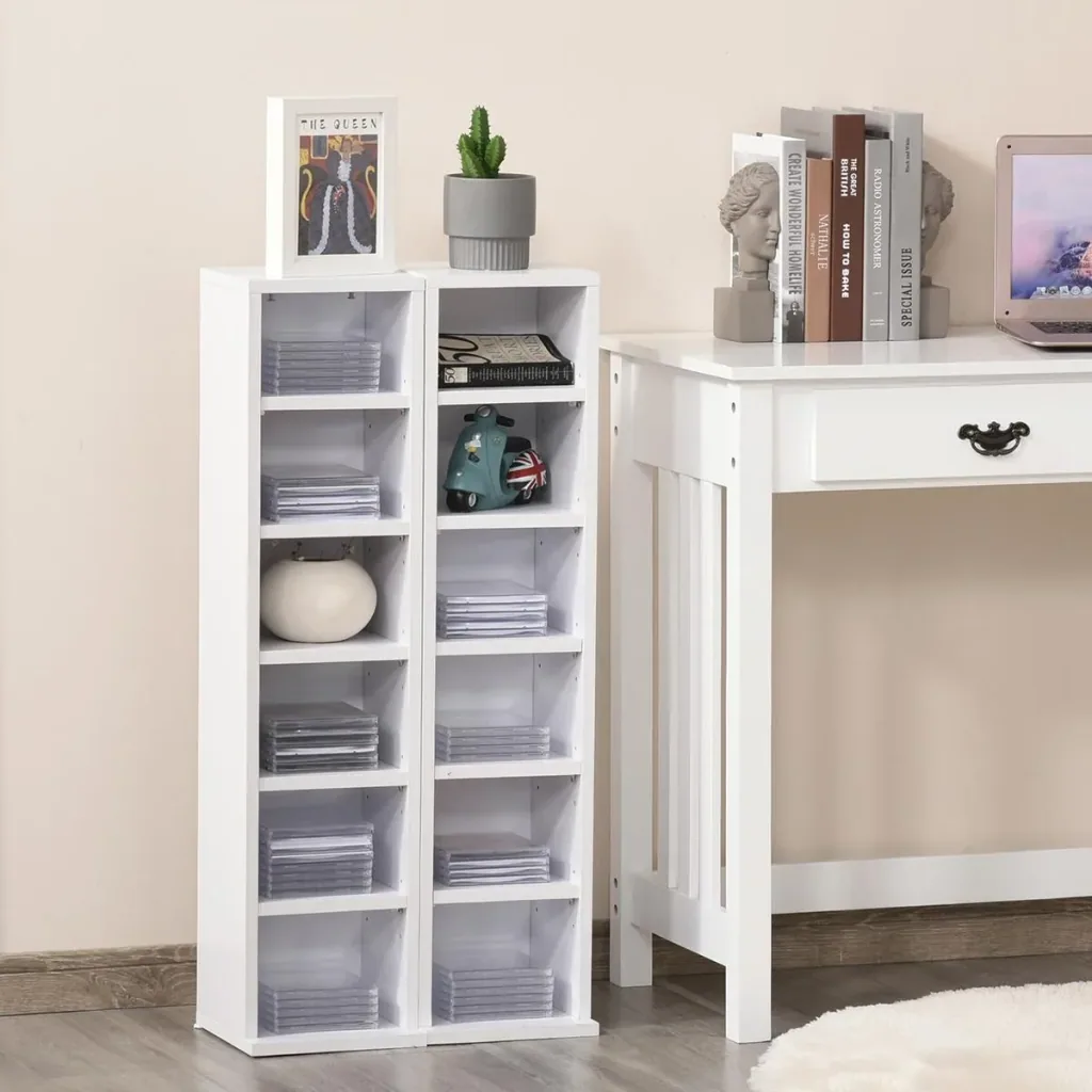CD-Ständer CD-Regal mit 6 Fächern Standregal Zweiteiliges Set mit zwei offenen Ablagefächern Spanplatten Weiß 21 x 22,5
