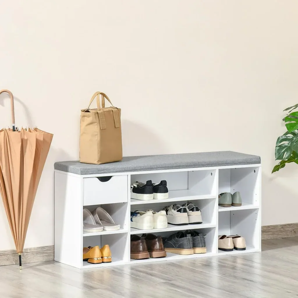 Schuhbank Sitzbank Sitztruhe mit Ablagen Kissen Schublade Eingangsbereich großer Lagerraum verstellbar Spanplatte Schaum