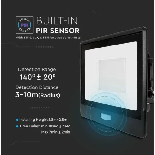 VT-158S LED-Flutlicht mit Sensor - 50 W - 4000 Lm - 3000K - Schwarz