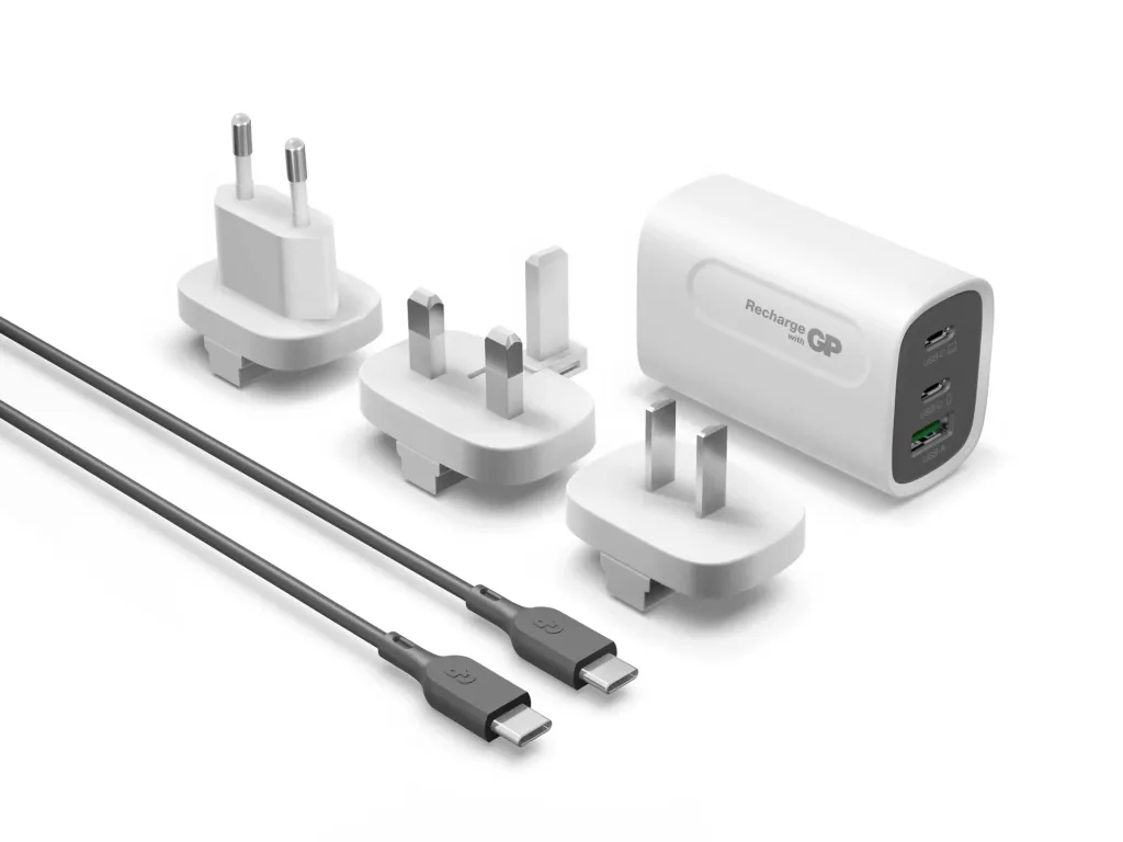 USB Schnellladeadapter mit 1 x USB-A und 2 x USB-C Anschluss inkl. Welt-Reiseadapter und USB-C Ladekabel, max. 65 Watt