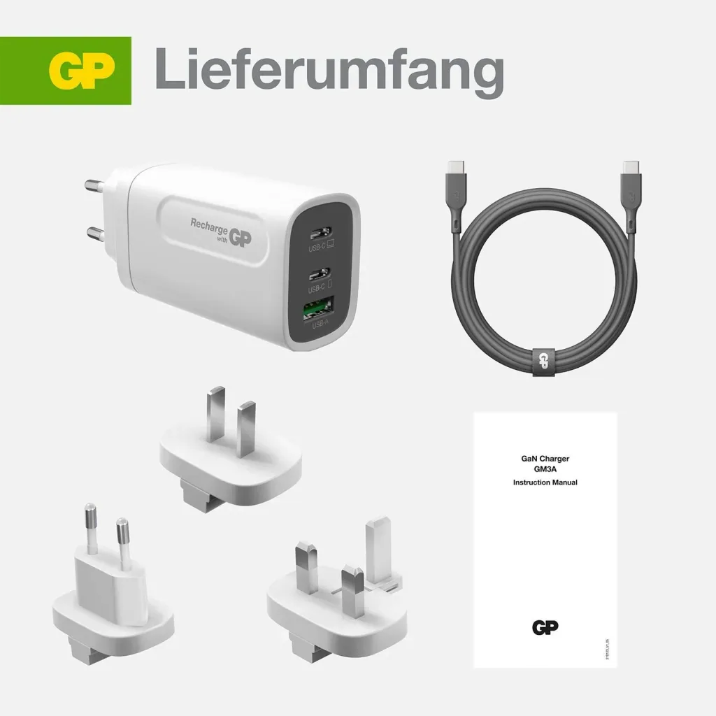 USB Schnellladeadapter mit 1 x USB-A und 2 x USB-C Anschluss inkl. Welt-Reiseadapter und USB-C Ladekabel, max. 65 Watt