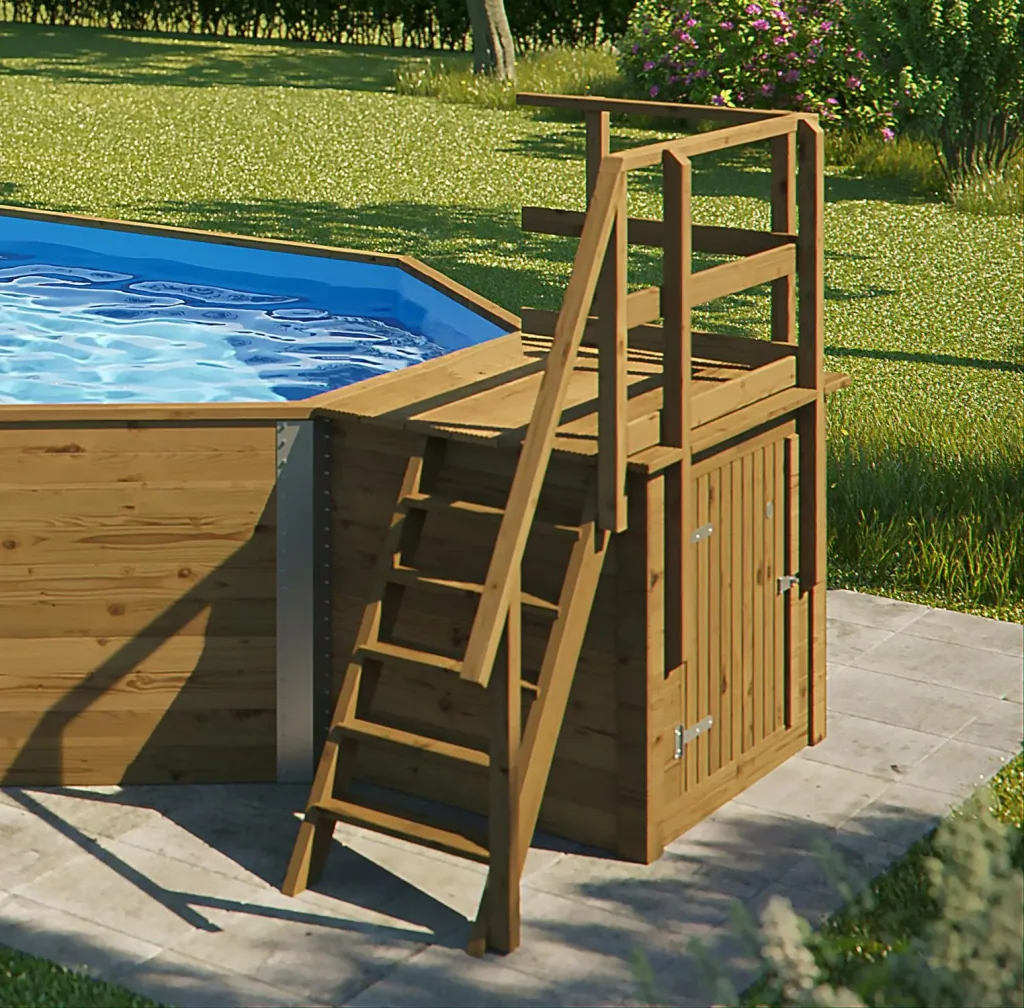 Massivholzpool 594, 714 x 376 x 116 cm, Sparset inkl. Sandfilteranlage und Technikraum