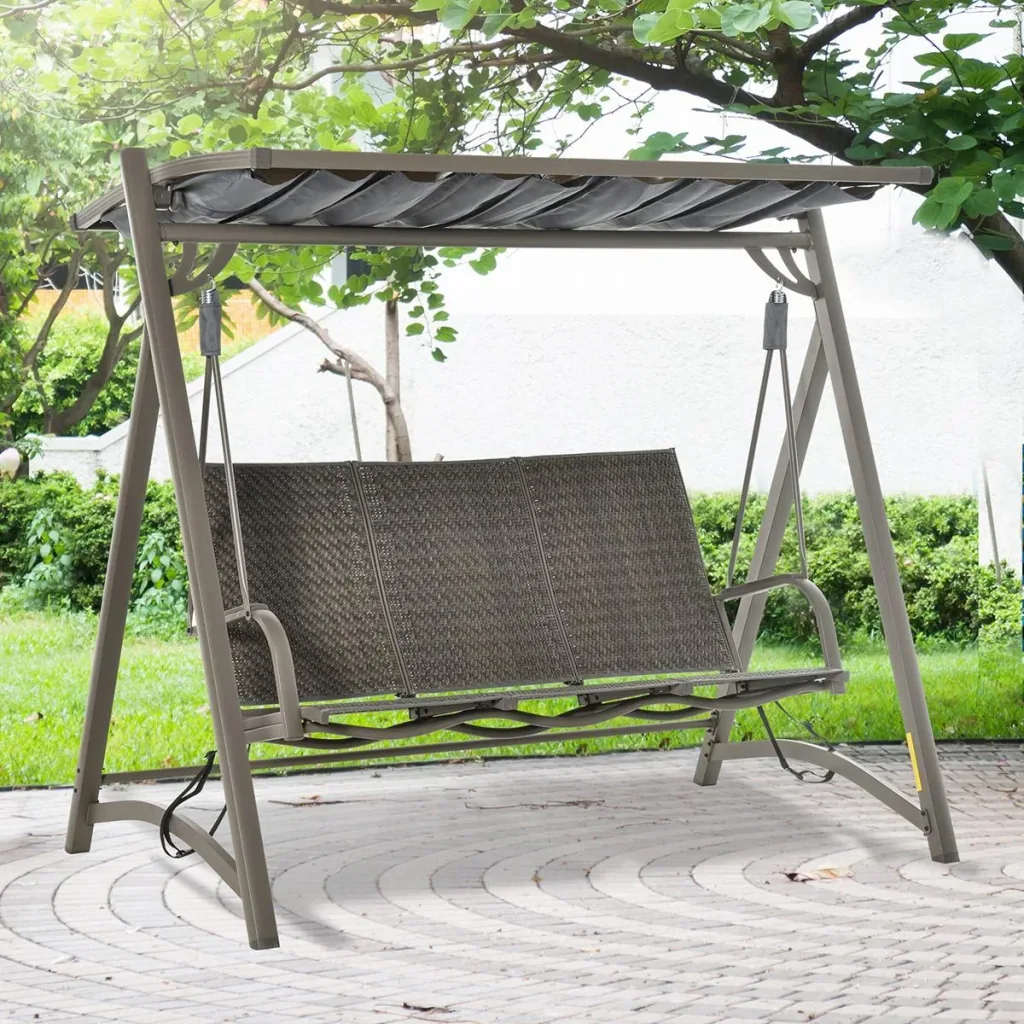 3-Sitzer Rattan Hollywoodschaukel Gartenschaukel mit verstellbares Sonnendach Schaukelbank Aluminium Braun+Grau197 x 122