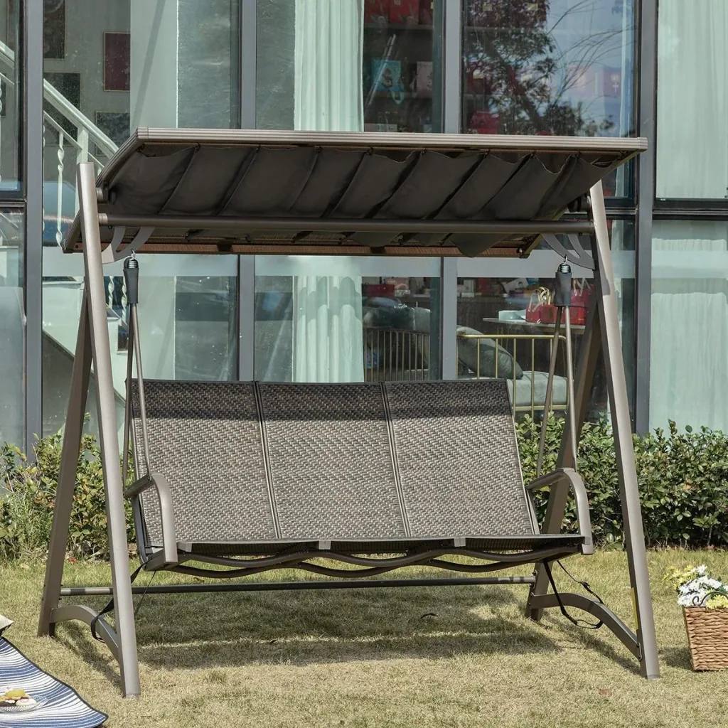 3-Sitzer Rattan Hollywoodschaukel Gartenschaukel mit verstellbares Sonnendach Schaukelbank Aluminium Braun+Grau197 x 122