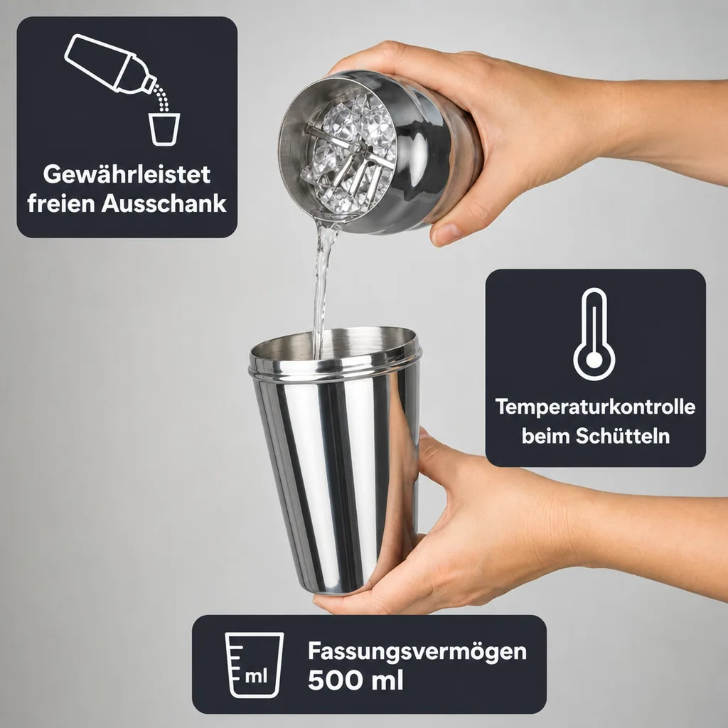 Cocktail shaker 3tlg. - Edelstahl mit Eisrückhalter - 500 ml.
