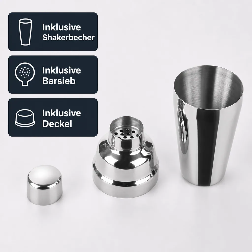 Cocktail shaker 3tlg. - Edelstahl mit Eisrückhalter - 500 ml.
