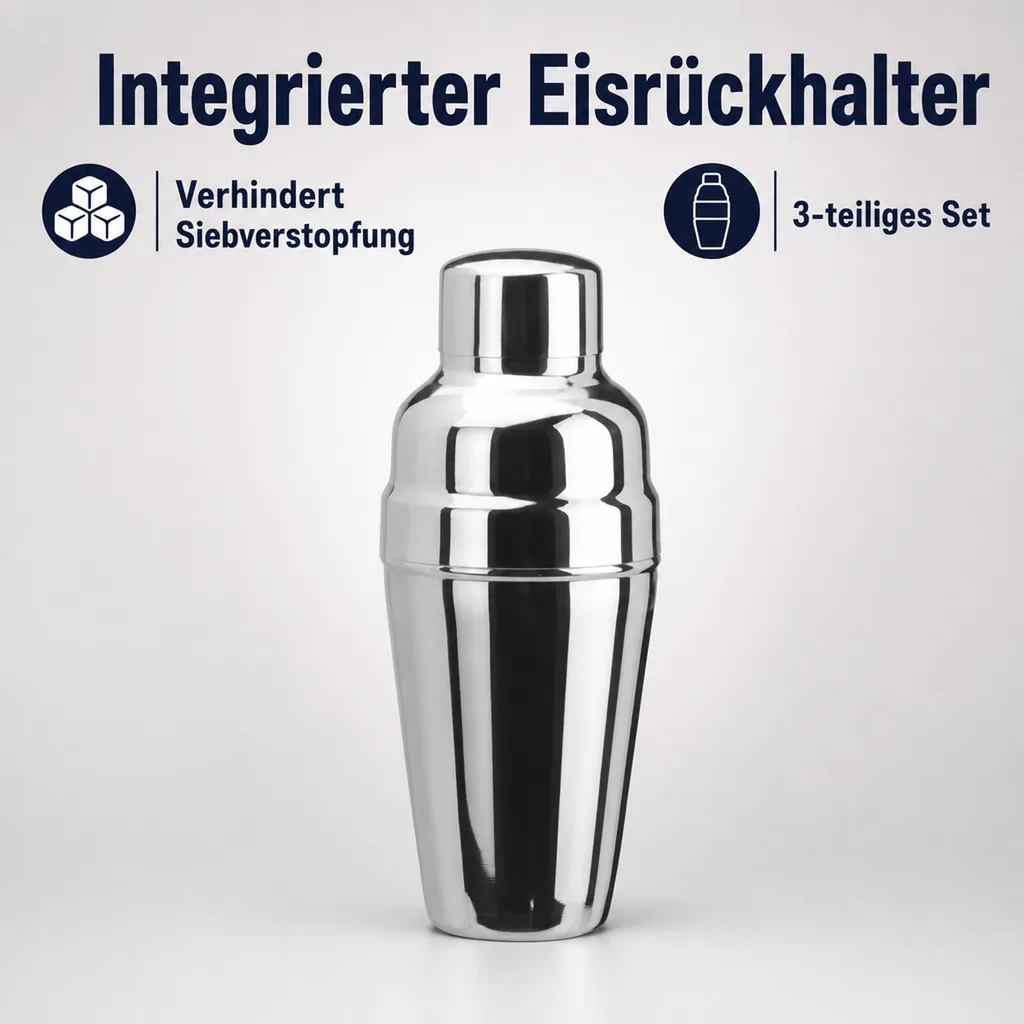Cocktail shaker 3tlg. - Edelstahl mit Eisrückhalter - 500 ml.