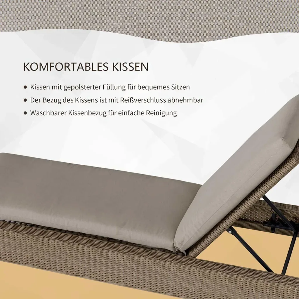 Polyrattan Gartenliege mit Kissen Sonnenliege 5-stufig verstellbar Rattanliege Gartenmöbel Liege Stahl Khaki 72 x 198 x