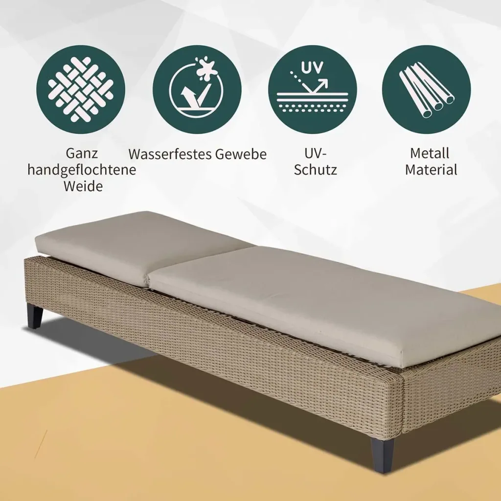 Polyrattan Gartenliege mit Kissen Sonnenliege 5-stufig verstellbar Rattanliege Gartenmöbel Liege Stahl Khaki 72 x 198 x