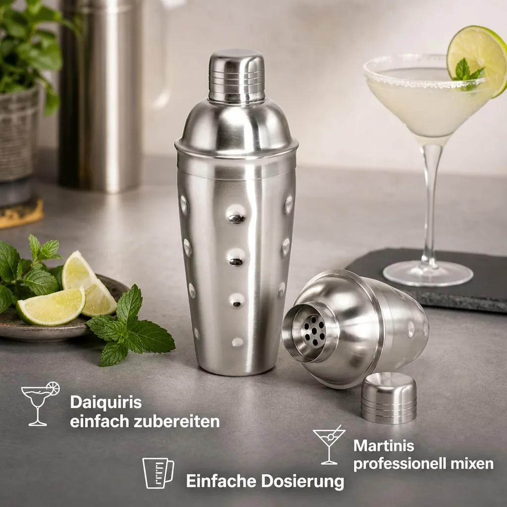 Cocktail shaker 3tlg. - Edelstahl mit Sieb - 700 ml.