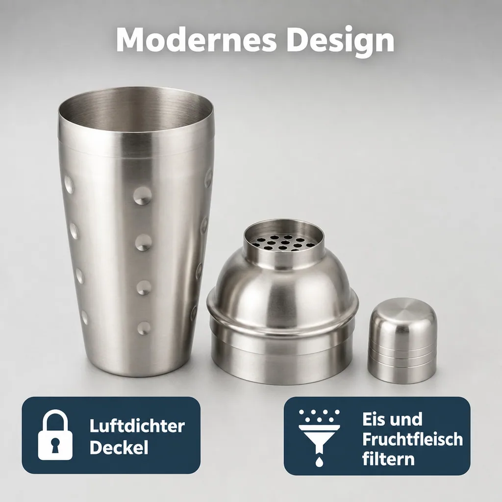 Cocktail shaker 3tlg. - Edelstahl mit Sieb - 700 ml.