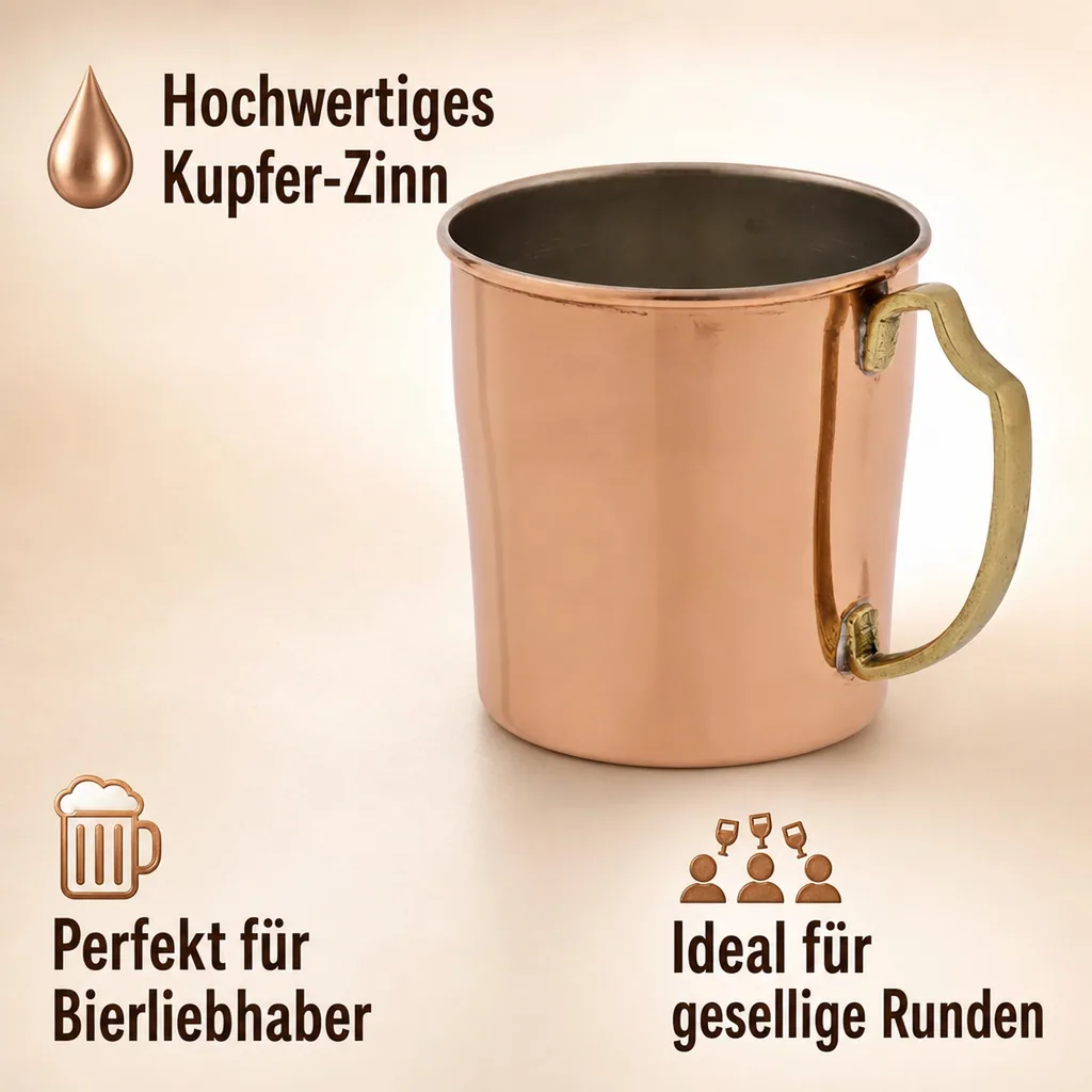 Bierkrug, Bierseidel - 0.55 L, Kupfer-Zinn, Handgefertigt