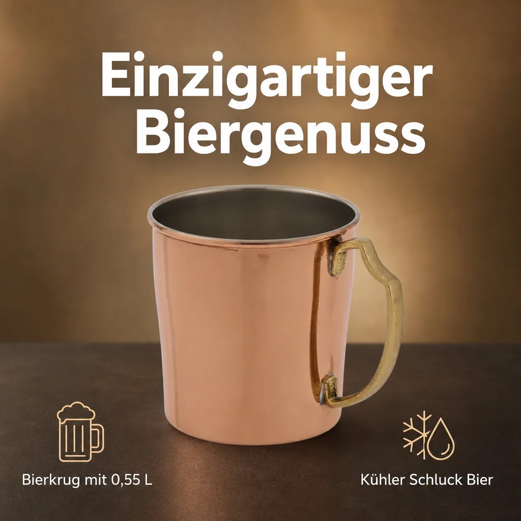 Bierkrug, Bierseidel - 0.55 L, Kupfer-Zinn, Handgefertigt