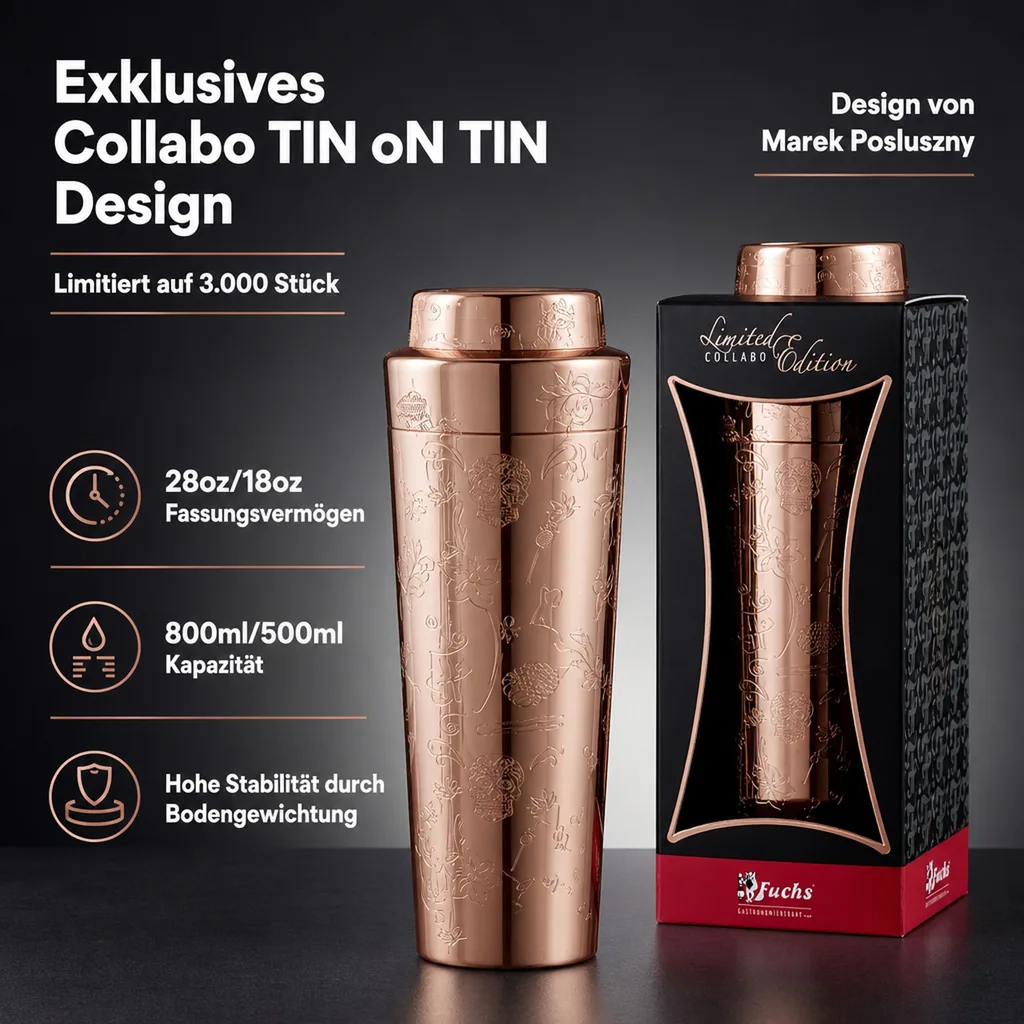 Cocktail shaker - Collabo TIN oN TIN Edelstahl - 28oz/18oz - mit Gravur - verkupfert - Limited Edition