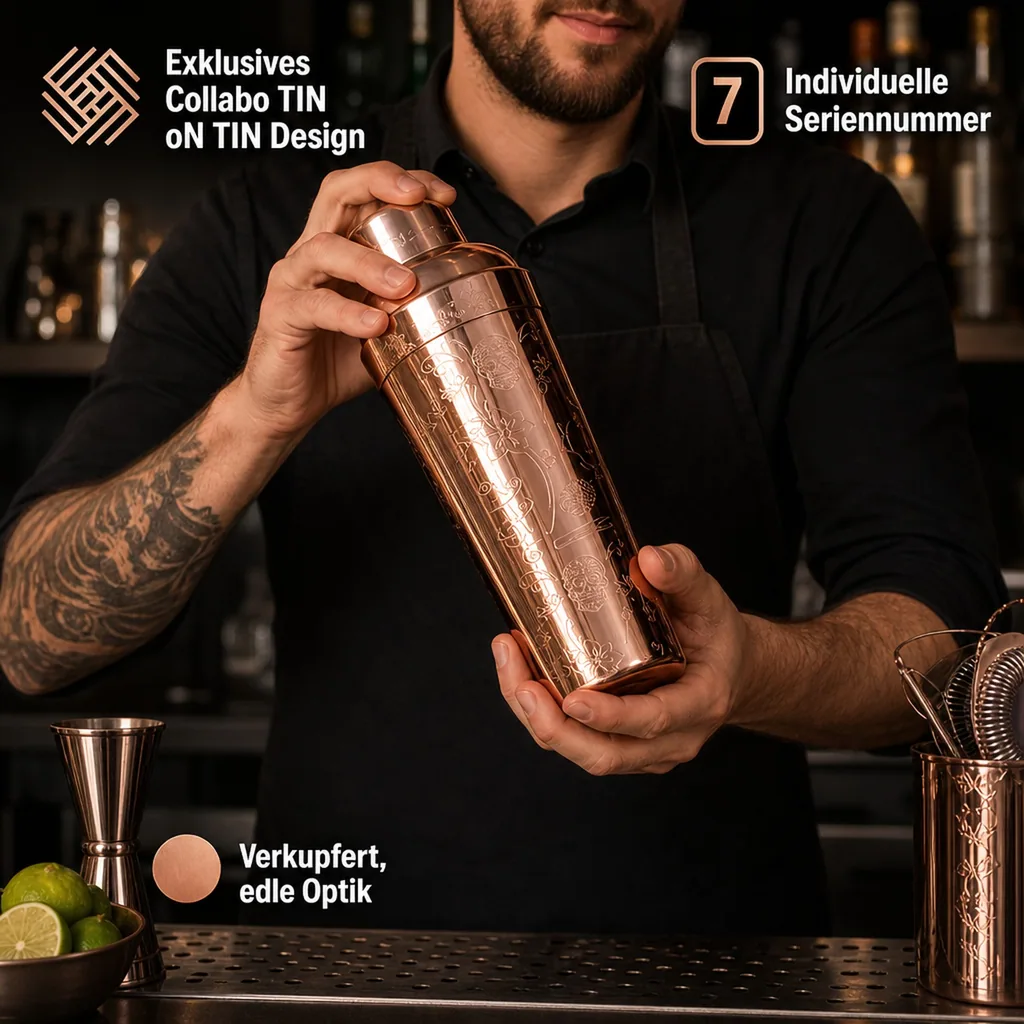 Cocktail shaker - Collabo TIN oN TIN Edelstahl - 28oz/18oz - mit Gravur - verkupfert - Limited Edition
