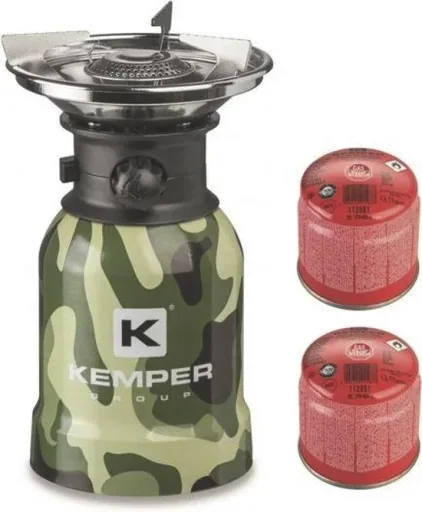 Camping-Gasbrenner aus Edelstahl mit Piezo-Zündung - 1 Brenner + 2 Gaskanister