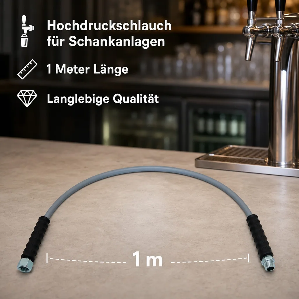 Hochdruckschlauch, Gasschlauch - CO2 für Schankanlage - 1m, Sechskantmutter und Außengewinde