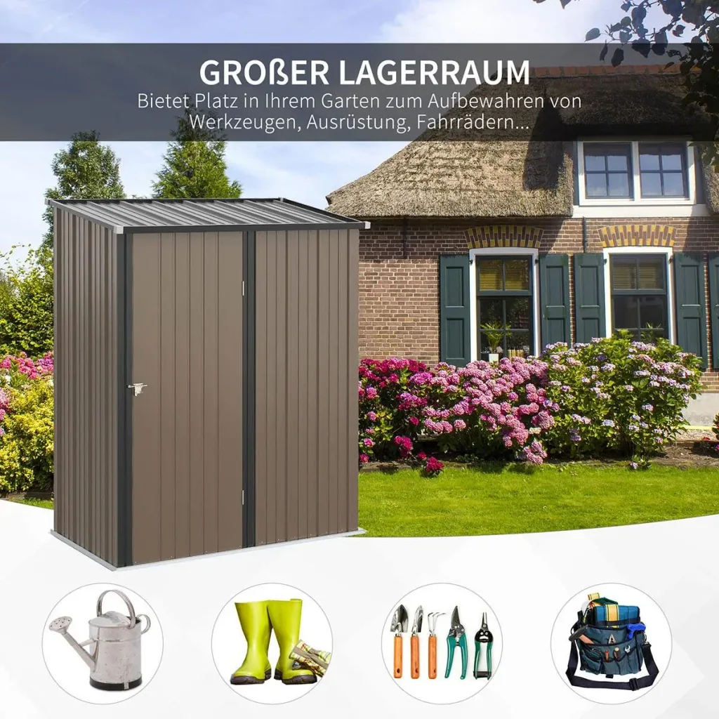 Gerätehaus mit Pultdach 1,34 m² Metall Gartenhaus Geräteschuppen verzinkter Stahl Braun 161,5 x 94,5 x 196 cm