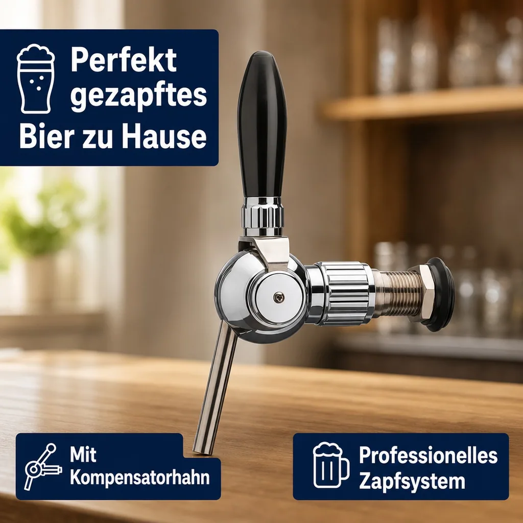 Bierzapfhahn, Kompensatorhahn - Cosmo, verchromt mit Kompensator Stahlschaft 5/8, Gewindelänge: 55 mm