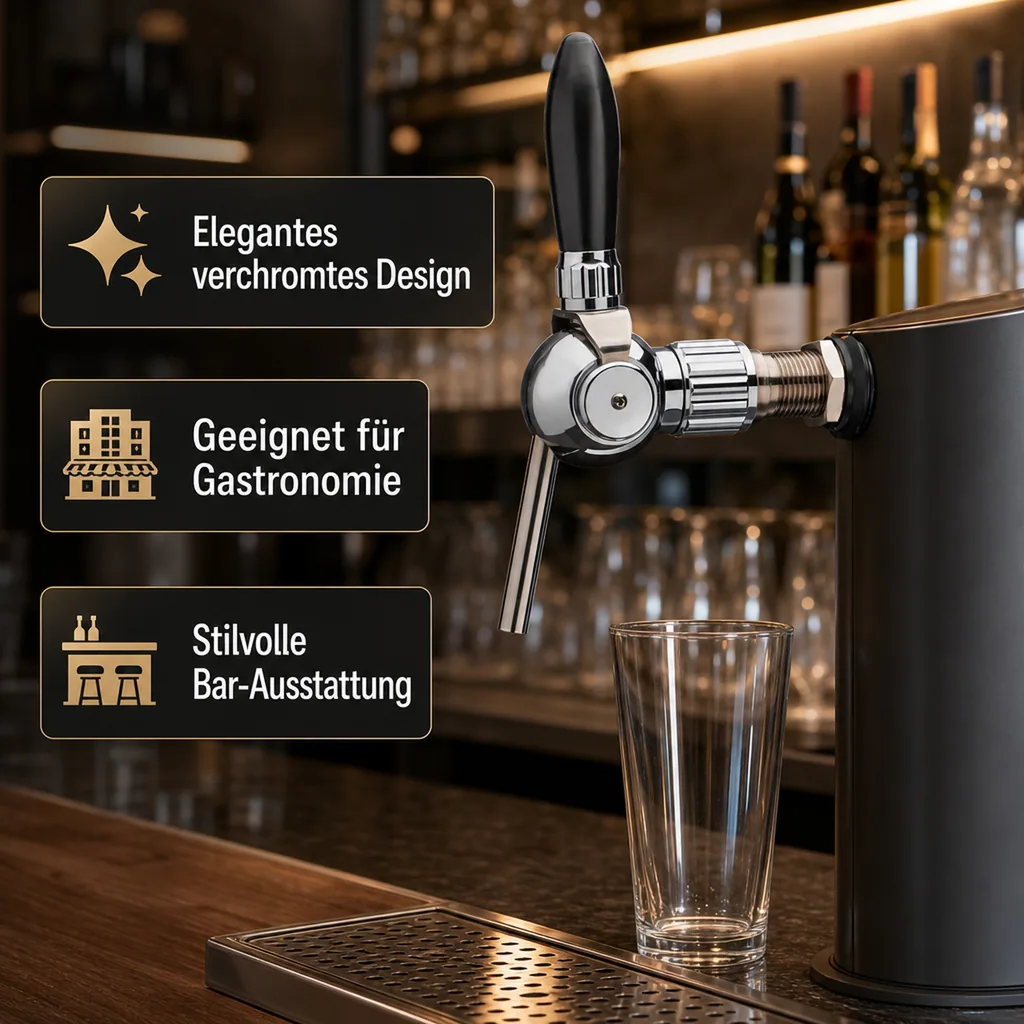 Bierzapfhahn, Kompensatorhahn - Cosmo, verchromt mit Kompensator Stahlschaft 5/8, Gewindelänge: 55 mm