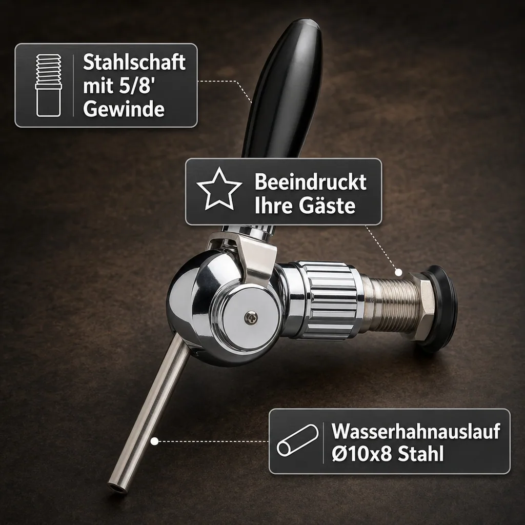 Bierzapfhahn, Kompensatorhahn - Cosmo, verchromt mit Kompensator Stahlschaft 5/8, Gewindelänge: 55 mm