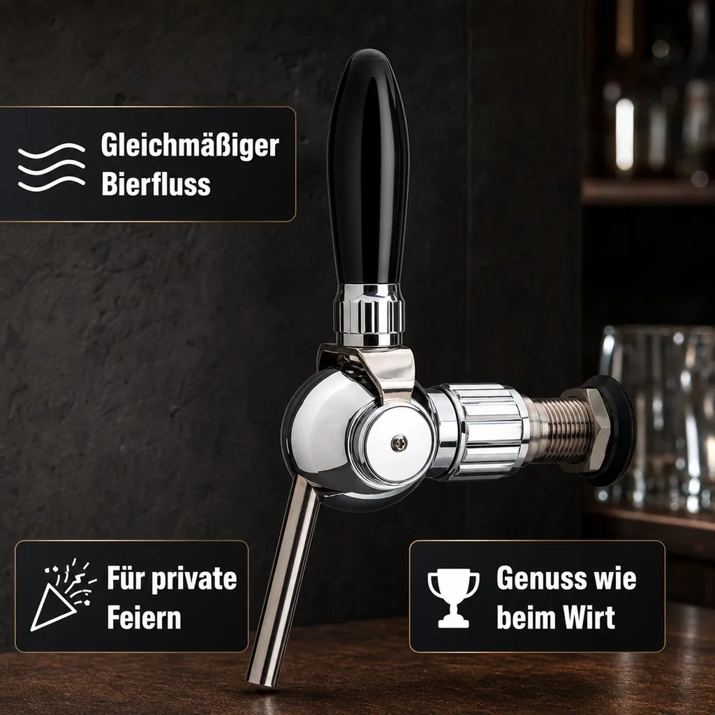 Bierzapfhahn, Kompensatorhahn - Cosmo, verchromt mit Kompensator Stahlschaft 5/8, Gewindelänge: 55 mm