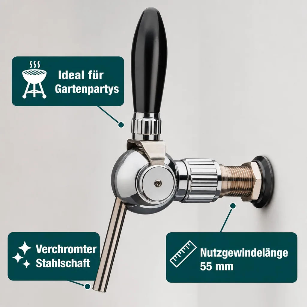 Bierzapfhahn, Kompensatorhahn - Cosmo, verchromt mit Kompensator Stahlschaft 5/8, Gewindelänge: 55 mm