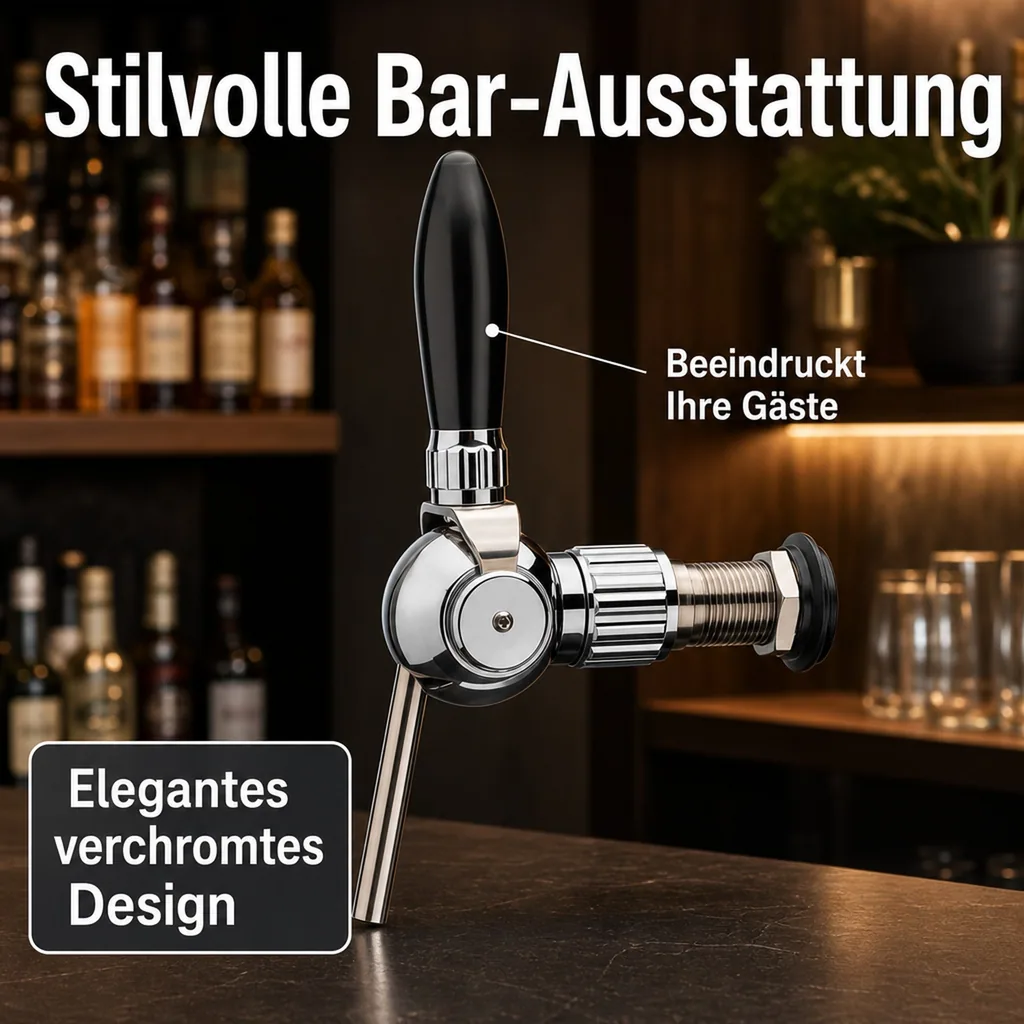 Bierzapfhahn, Kompensatorhahn - Cosmo, verchromt mit Kompensator Stahlschaft 5/8, Gewindelänge: 55 mm