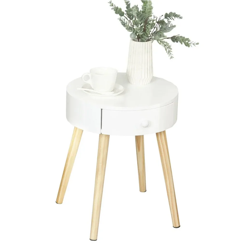 Nachttisch mit Schublade, Schlafzimmer Nachtkommode mit Beinen, runder Beistelltisch, Skandinavisches Design, Massivholz