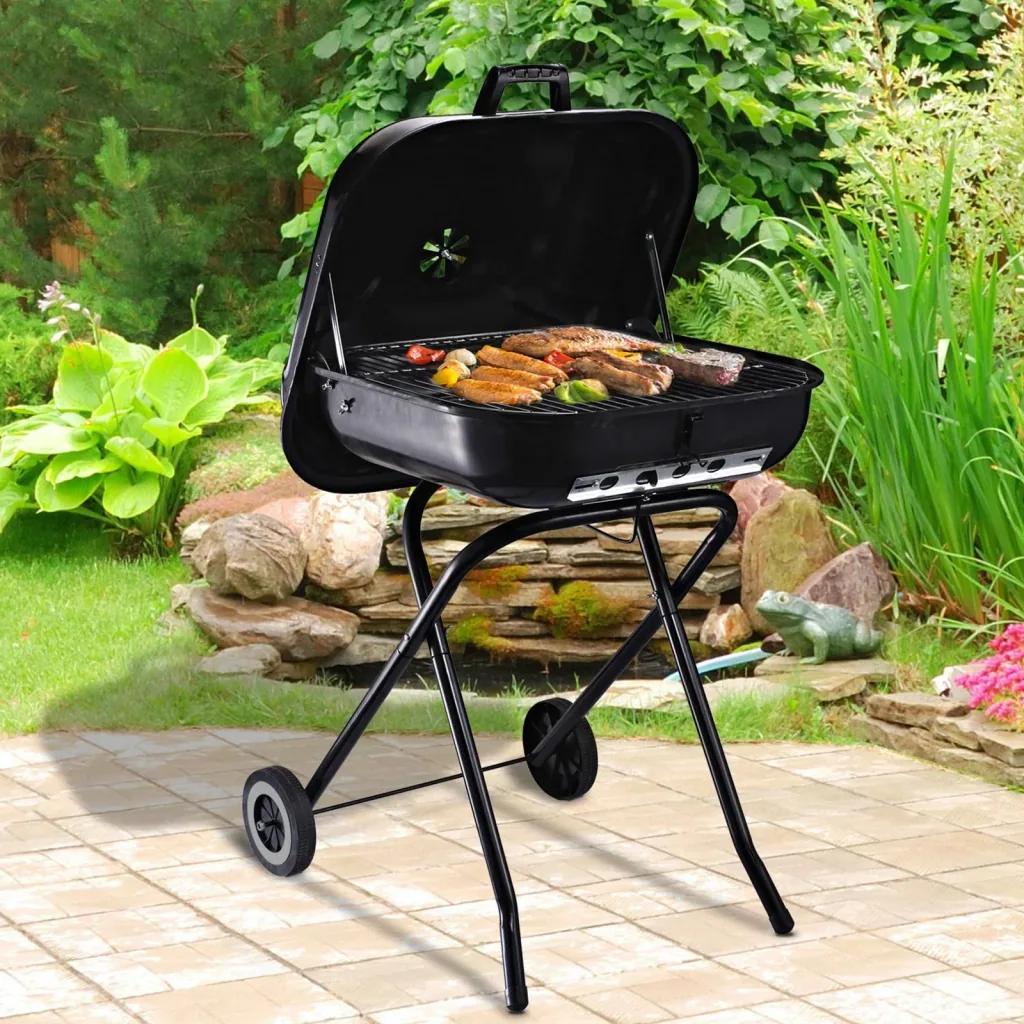 Holzkohlegrill mit Rädern, Grillwagen, Metall, schwarz
