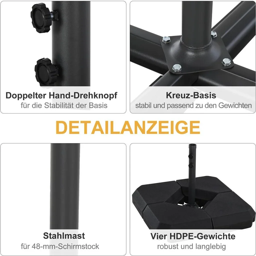 Sonnenschirmständer mit Wasser oder Sand befüllbar bis 60 kg Schirmständer 4-tlg. Sonnenschirm Schirmgewicht HDPE Schwar