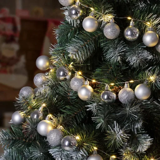Christbaumbeleuchtung / Festbeleuchtung / Weihnachtsbeleuchtung - mit Weihnachtskugeln - 40 LED - 2 m - Silber