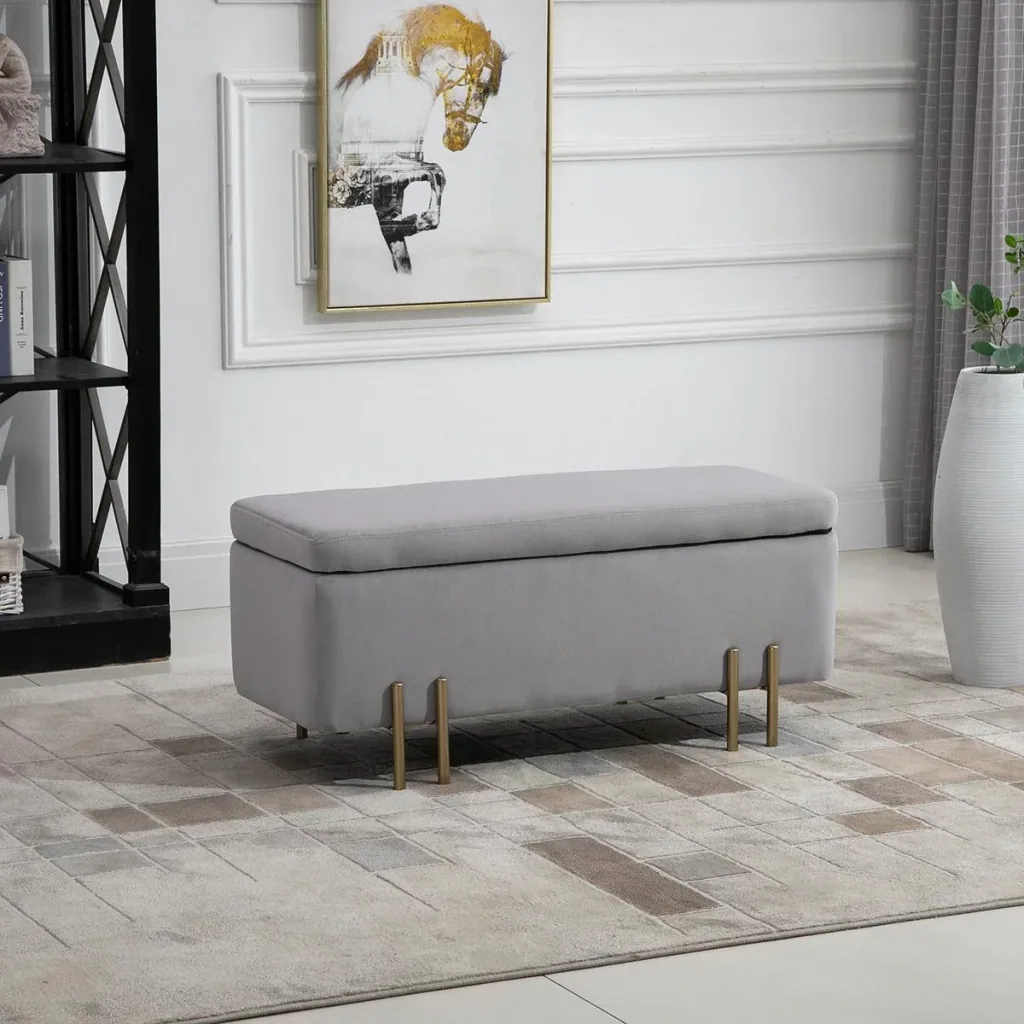 Sitzbank, Polsterbank mit Stauraum, Truhenbank, Stoff, Metall, Schaumstoff, Hellgrau, 100 x 40 x 42 cm
