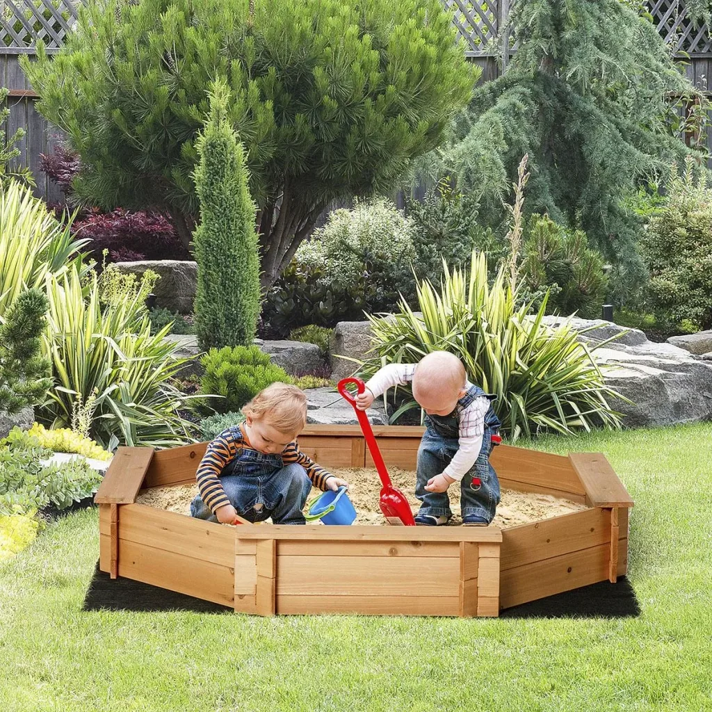 Sandkasten mit Abdeckung 8-eckig Sandkiste aus Massivholz Bodenloses Design für Kinder 3-8 Jahre 139,5 x 139,5 x 21,5 cm