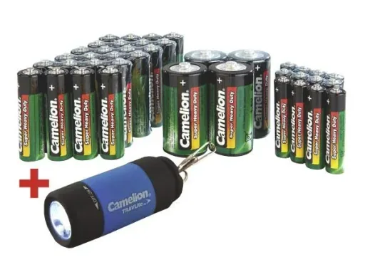 Zink-Kohle Batterie Sparpack 40-teilig mit LED Taschenlampe